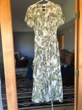 Ruffle Wrap Dress in Green Botanical Print